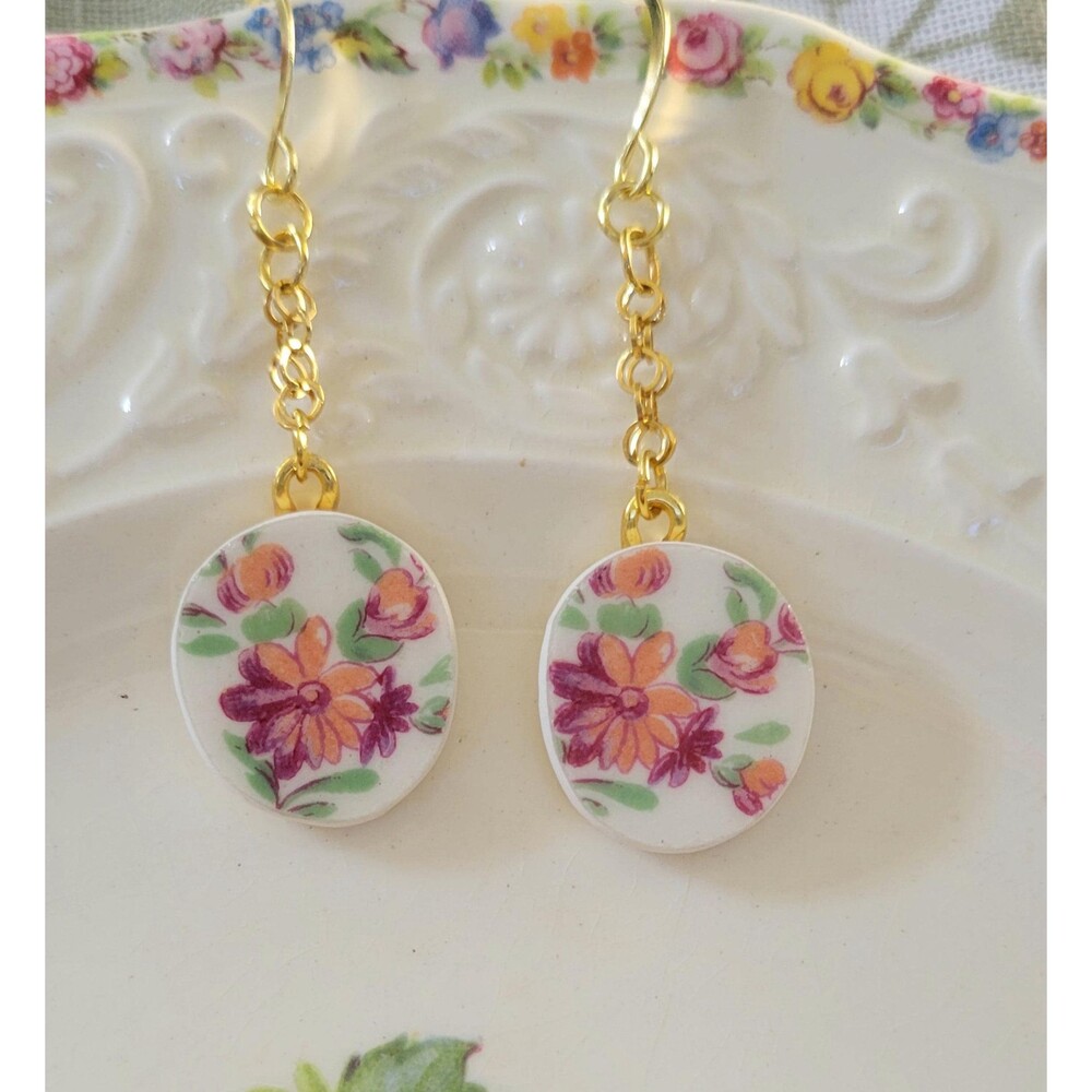 Broken China Floral Bouquet Earrings on Chains